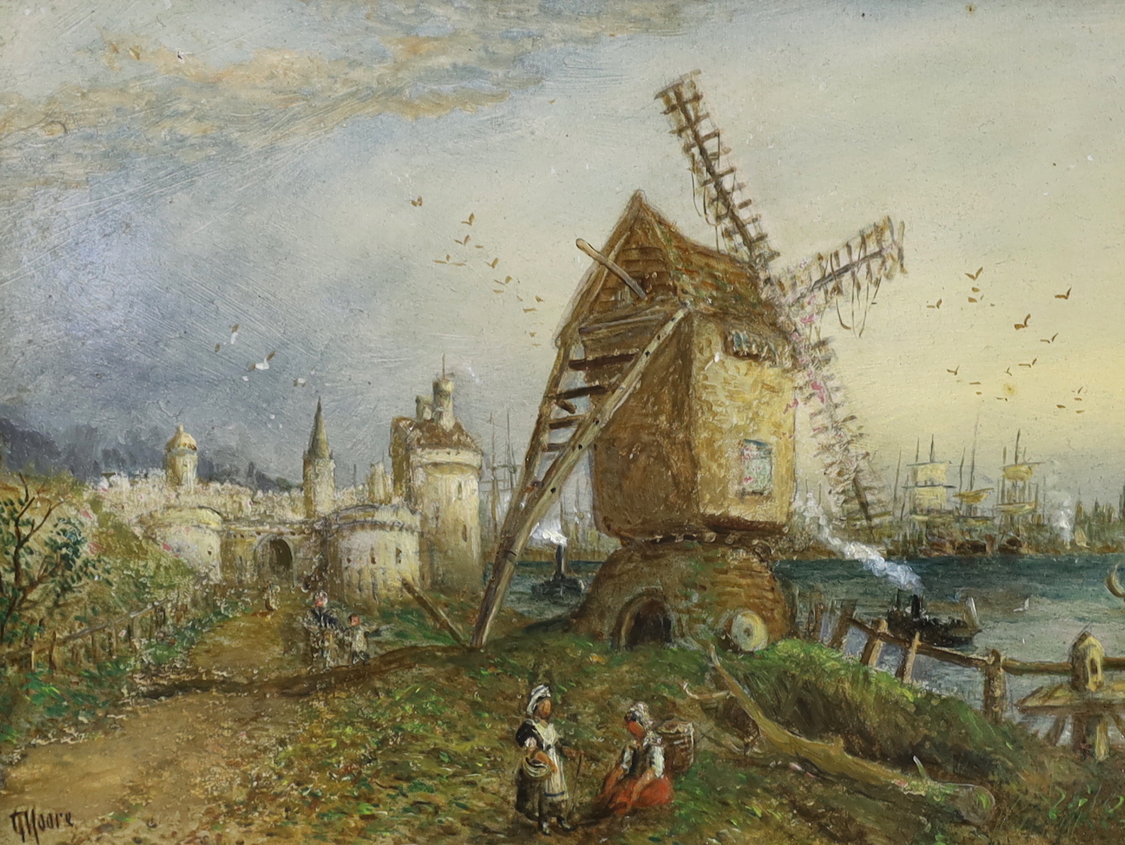 G. Moore (19/20th C.), oil on board, Dutch landscape with figures before a windmill, signed, 22 x 28cm